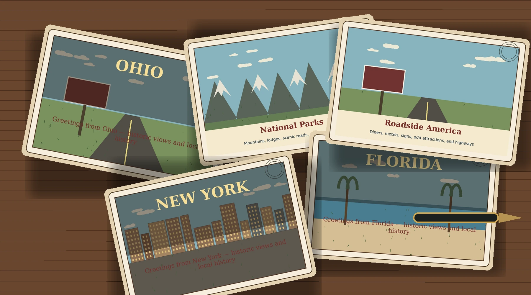 Collector's desk covered with colorful vintage-style postcards